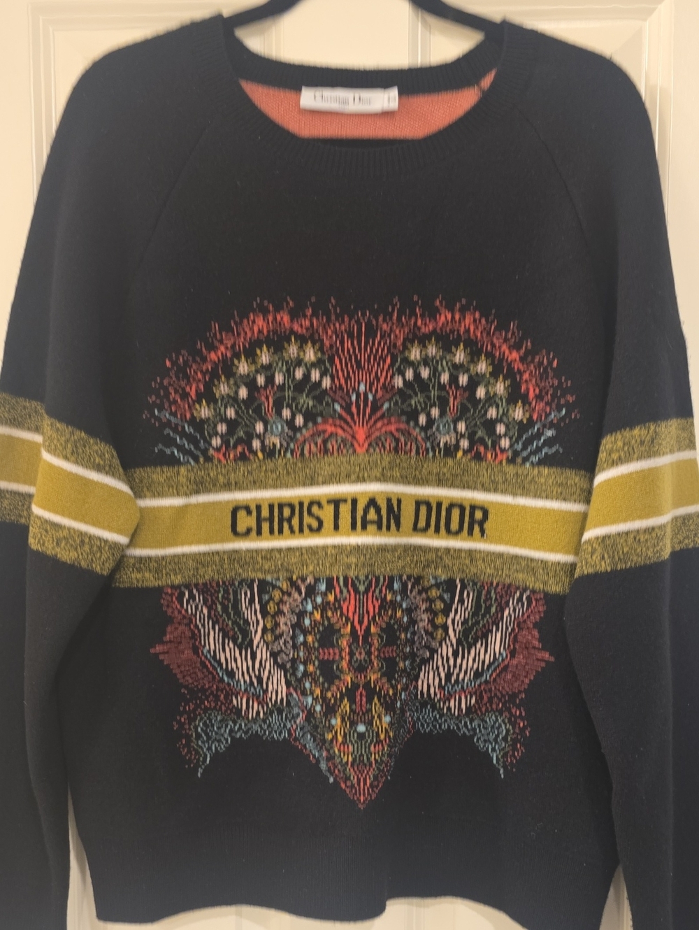 Dior Womens Black Crewneck Sweater with Green Yellow Stripe and Multicolor Motif